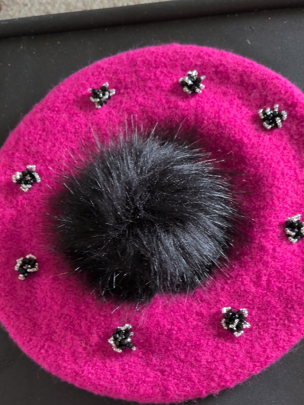 Fuchsia Pom-Pom Embellished Women's Felted Beret - Handmade